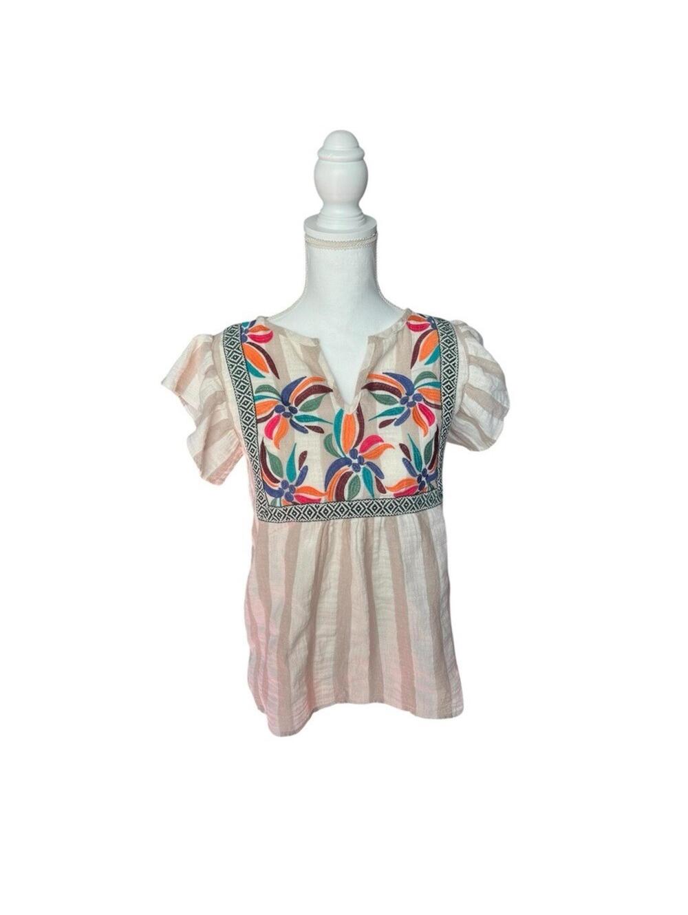 Cream Embellished Puff Sleeve Blouse with Bib Collar L Love Sz Small